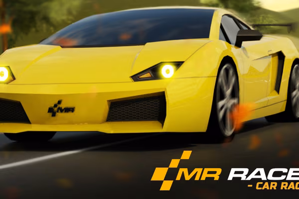 Mr. Racer supercar speeding down a neon night highway